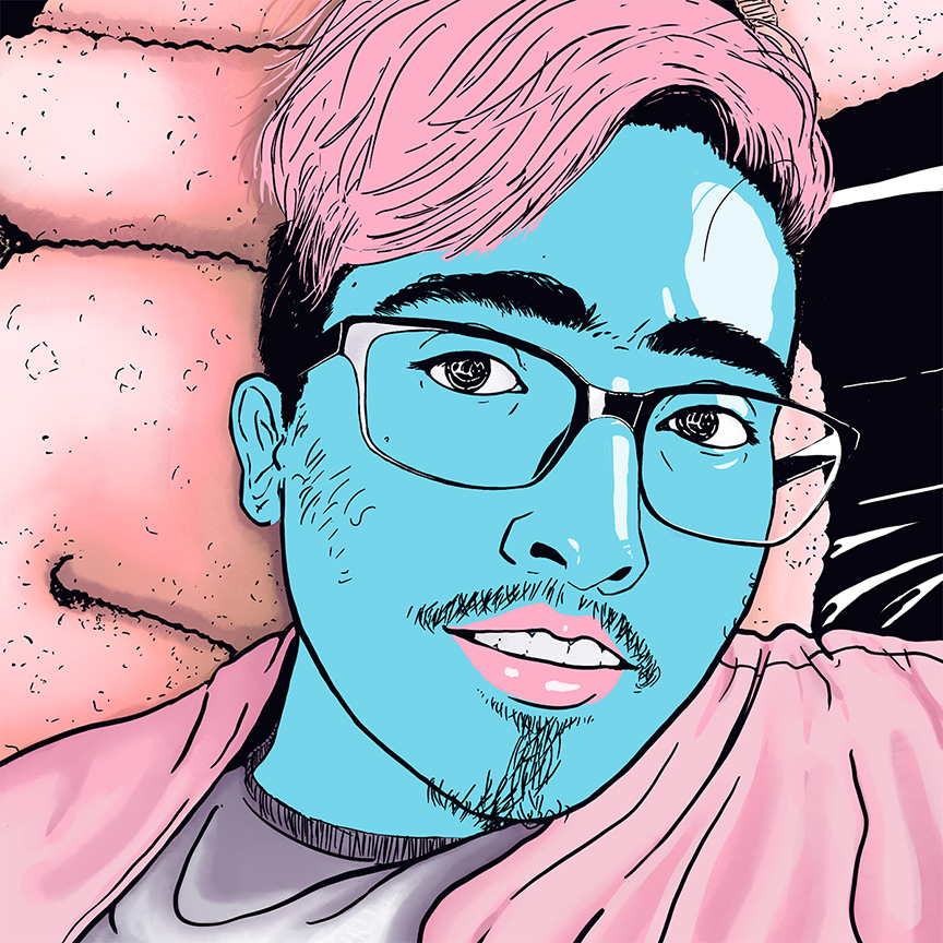 A digital portrait of a latino trans man.