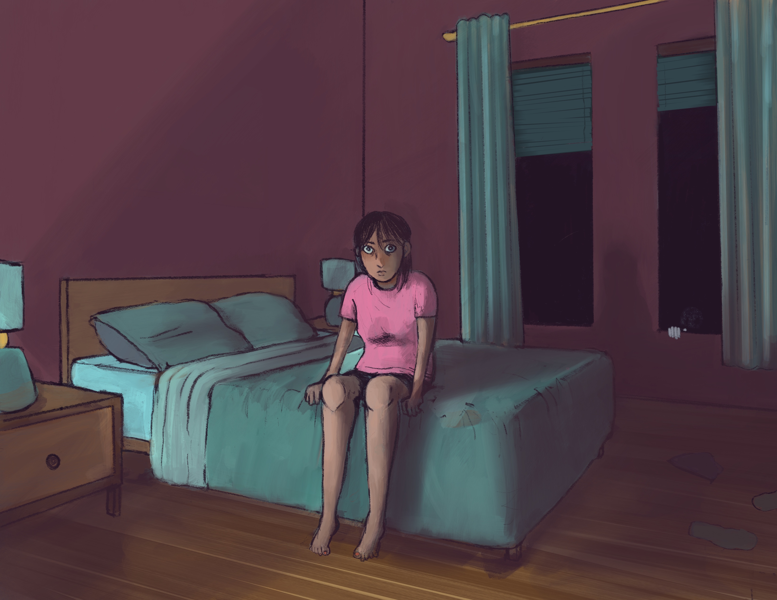 A person sits on the edge of their bed. Fear is in their eyes. Curtains partially cover the night outside, but a pale hand is holding on to the window frame as a bizarre pale face stares from the darkness.