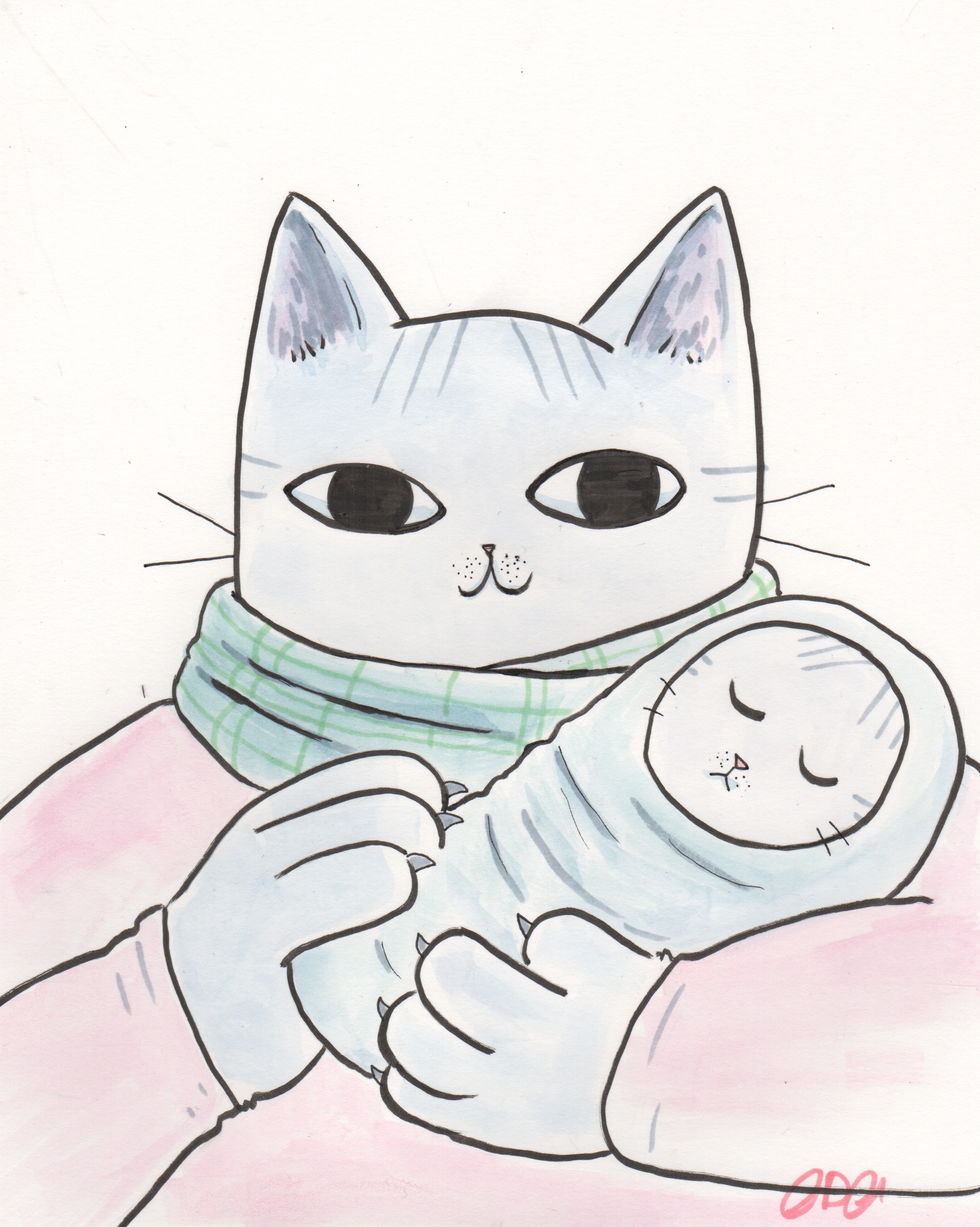 Ink and marker illustration of an anthropomorphic cat mom holding a kitten in a wrap.